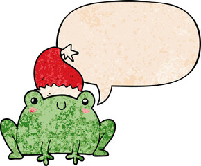cute cartoon christmas frog with speech bubble in retro texture style