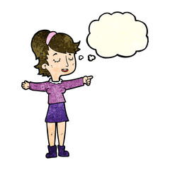 cartoon happy woman pointing with thought bubble