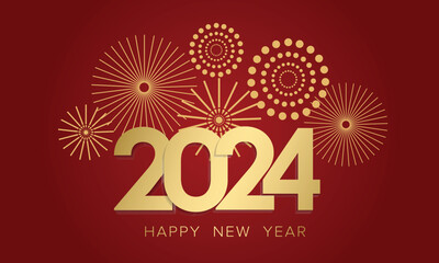 Happy New Year 2024 Elegant gold text with balloons and confetti. Realistic