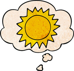 cartoon sun with thought bubble in grunge texture style