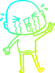 cold gradient line drawing of a cartoon crying bald man
