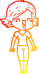 warm gradient line drawing of a cartoon happy woman