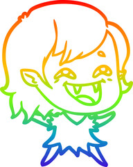rainbow gradient line drawing of a cartoon laughing vampire girl