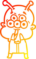 warm gradient line drawing of a happy cartoon alien gasping in surprise