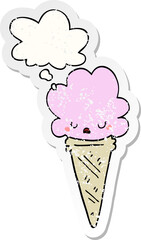 cartoon ice cream with face with thought bubble as a distressed worn sticker
