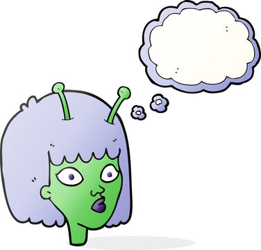freehand drawn thought bubble cartoon female alien
