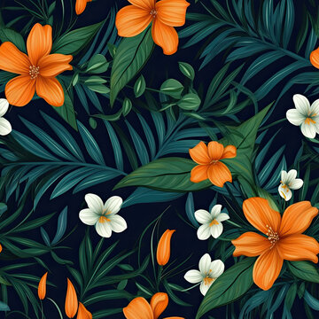 Seamless Green Leaves and Orange Flowers