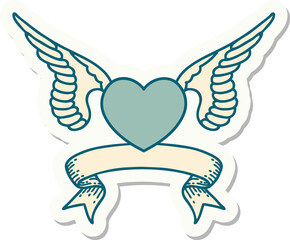tattoo style sticker with banner of a heart with wings