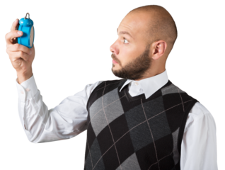 Creative funny pensive businessman with alarm clock with concept strategy