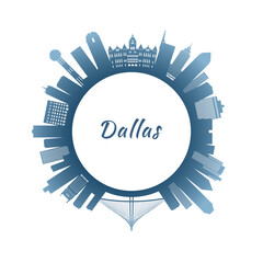 Dallas skyline with colorful buildings. Circular style. Stock vector illustration.