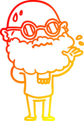 warm gradient line drawing of a cartoon worried man with beard and spectacles