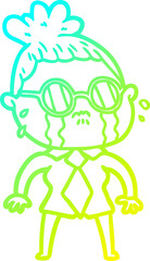 cold gradient line drawing of a cartoon crying woman wearing spectacles