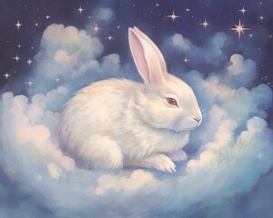 dreamy and ethereal watercolor print of a rabbit surrounded by floating clouds and stars. soft pastel shades and gentle brushstrokes to create a sense of tranquility and enchantment