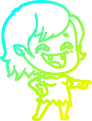 cold gradient line drawing of a cartoon laughing vampire girl