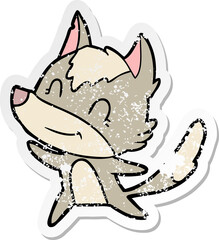 distressed sticker of a friendly cartoon wolf