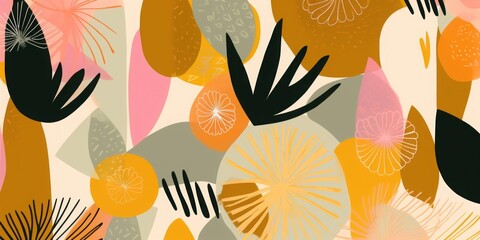Fototapeta premium Abstract botanical shapes ethnic style pattern. Collage floral contemporary print. Fashionable template for design, Generative AI