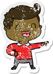 distressed sticker of a cartoon happy man pointing
