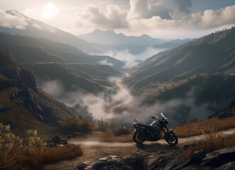 Motorbike road trip snaking its way through a breathtaking mountain landscape, a lone motorcycle poised for an adventurous ride, a testament to the spirit of exploration.