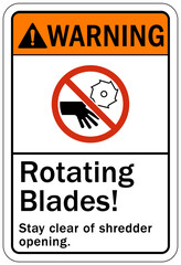 Rotating blade hazard sign and labels stay clear of shredder opening