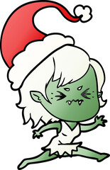 annoyed hand drawn gradient cartoon of a vampire girl wearing santa hat