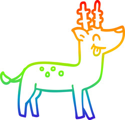 rainbow gradient line drawing of a cartoon happy reindeer