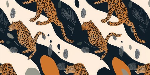 Hand drawn abstract pattern with leopards. Bohemian style collage contemporary seamless pattern. Fashionable template for design, Generative AI