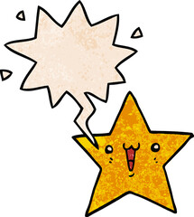 happy cartoon star with speech bubble in retro texture style