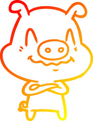 warm gradient line drawing of a nervous cartoon pig