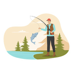 Fisherman on fishing illustration concept. Illustration for websites, landing pages, mobile apps, posters and banners. Trendy flat vector illustration