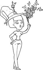 freehand drawn black and white cartoon witch casting spell