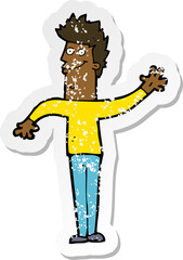 retro distressed sticker of a cartoon happy waving man