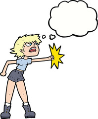 cartoon woman punching with thought bubble