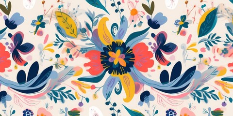 Naklejka premium Cute Ukrainian style floral ornament pattern. Hand drawn artistic abstract print. Collage contemporary design, Generative AI