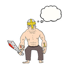 freehand drawn thought bubble cartoon warrior with sword