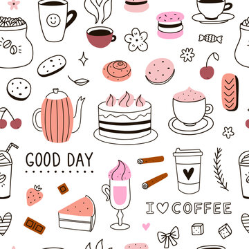 Cute sweet food pattern. Seamless pattern with coffee cups, cakes, biscuits