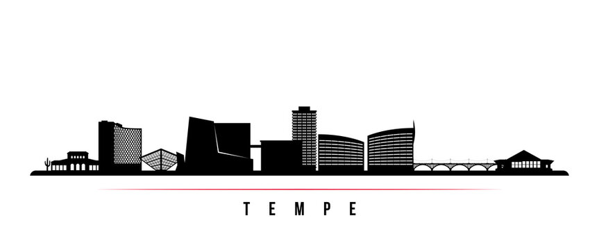 Tempe, AZ skyline horizontal banner. Black and white silhouette of Tempe, AZ city. Vector template for your design.