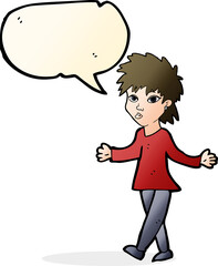 cartoon woman shrugging shoulders with speech bubble