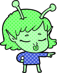 cute alien girl cartoon pointing