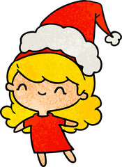 hand drawn christmas textured cartoon of kawaii girl