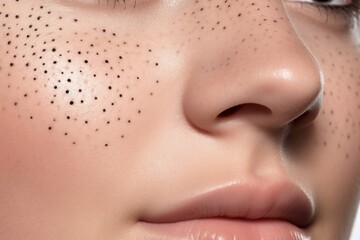 Close-up of womans nose with blackheads or black dots. Generative AI