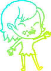 Fototapeta premium cold gradient line drawing of a cartoon vampire girl with blood on cheek