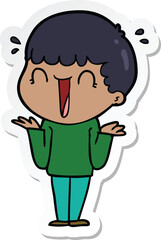 sticker of a laughing cartoon man shrugging shoulders