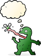 cartoon frog catching fly with thought bubble