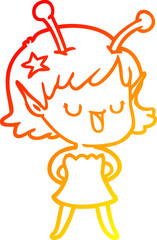 warm gradient line drawing of a happy alien girl cartoon