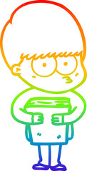 rainbow gradient line drawing of a nervous cartoon boy holding book