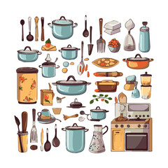 Kitchenware set graphic elements in flat design. Bundle of kettle, ladle, spoon, fork, frying pan, mug, board, bowl, knife, rolling pin, spatula and other utensil. Illustration isolated objects