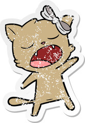 distressed sticker of a cartoon singing cat