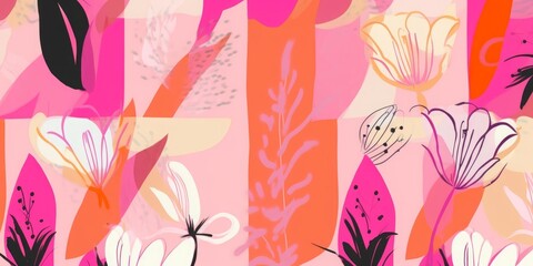 Hand drawn bright cute pink artistic flowers print. Modern botanical geometric pattern. Fashionable template for design, Generative AI