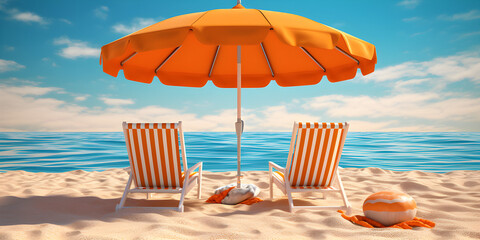 Holiday summer with beach chairs and umbrella by the sea. Summer back ground.