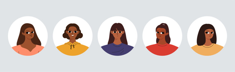 Circle avatars with young black woman's faces. Different smiling girls